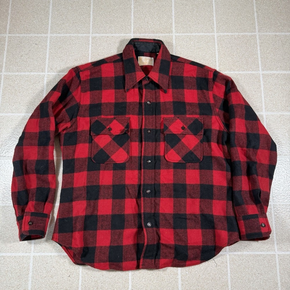 Vtg 70s Sears Kings Road Men L Wool Linen Flannel Shirt Buffalo Plaid Canincore